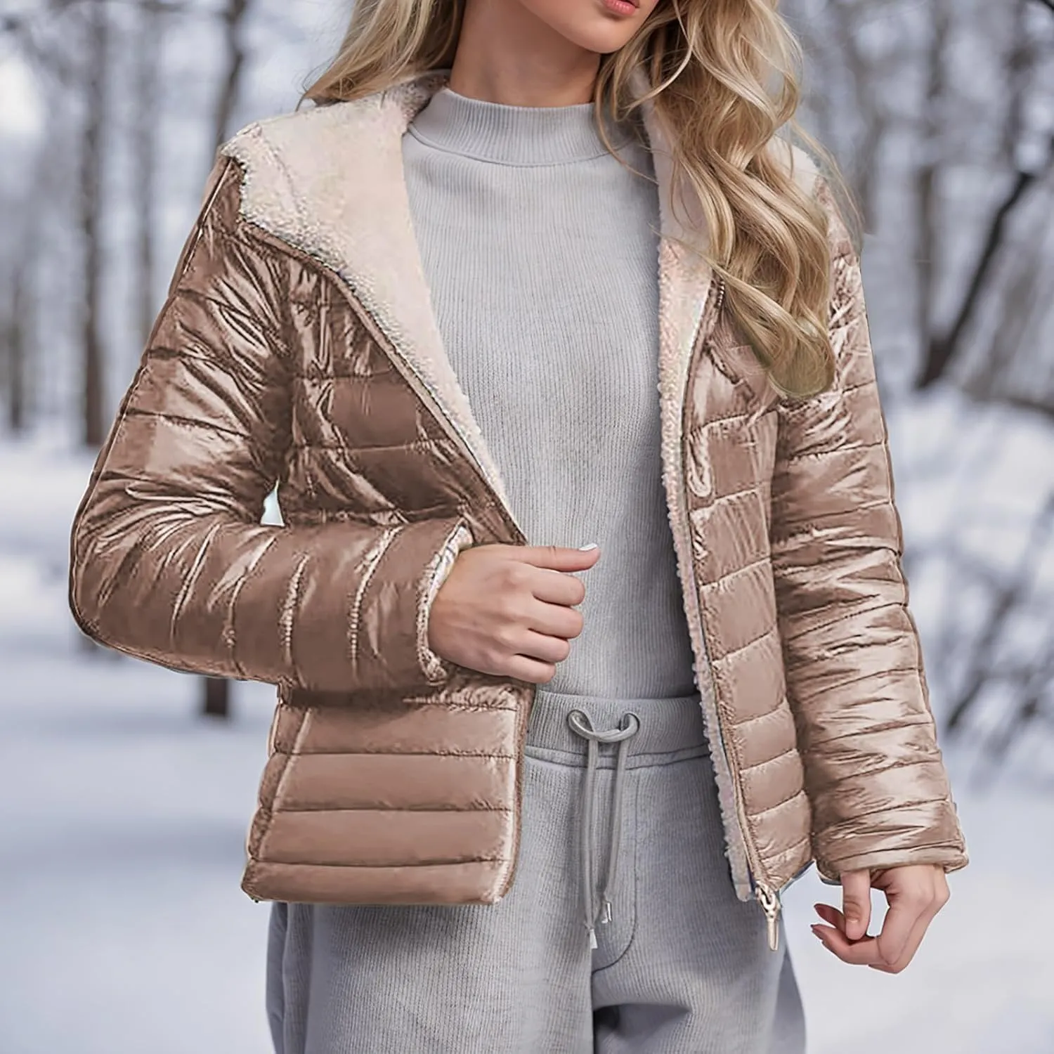 Womens Winter Coats Puffer Thickened Warm Hooded Down Jacket Sherpa Fleece Lined Down Coat Long Sleeve Quilted Jacket