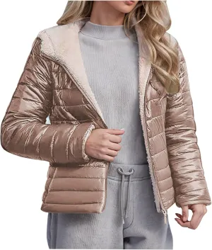 Womens Winter Coats Puffer Thickened Warm Hooded Down Jacket Sherpa Fleece Lined Down Coat Long Sleeve Quilted Jacket