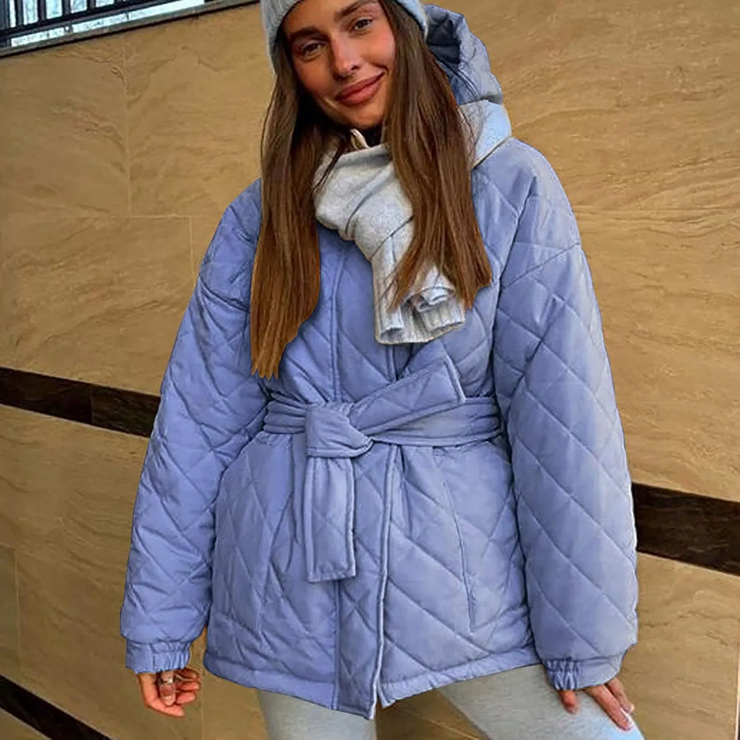 Womens Winter Puffer Jacket Hooded Down Coat Casual Quilted Baggy Long Sleeve Zip Puffy Jackets Outerwear with Belt