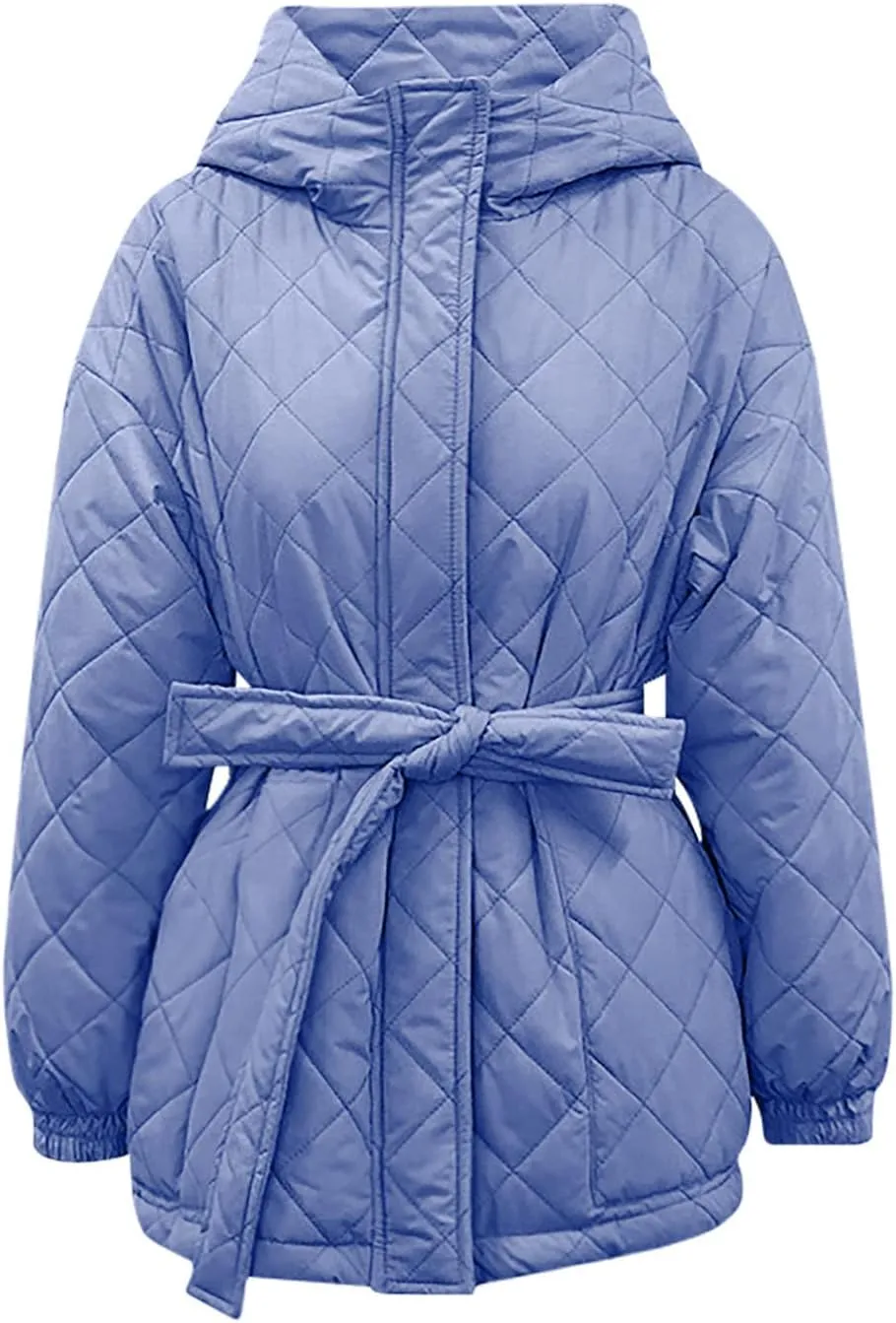 Womens Winter Puffer Jacket Hooded Down Coat Casual Quilted Baggy Long Sleeve Zip Puffy Jackets Outerwear with Belt