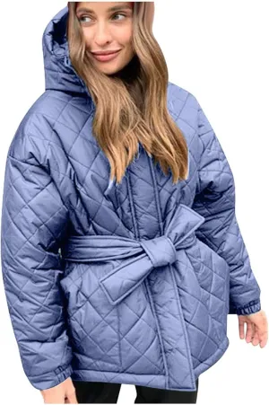 Womens Winter Puffer Jacket Hooded Down Coat Casual Quilted Baggy Long Sleeve Zip Puffy Jackets Outerwear with Belt