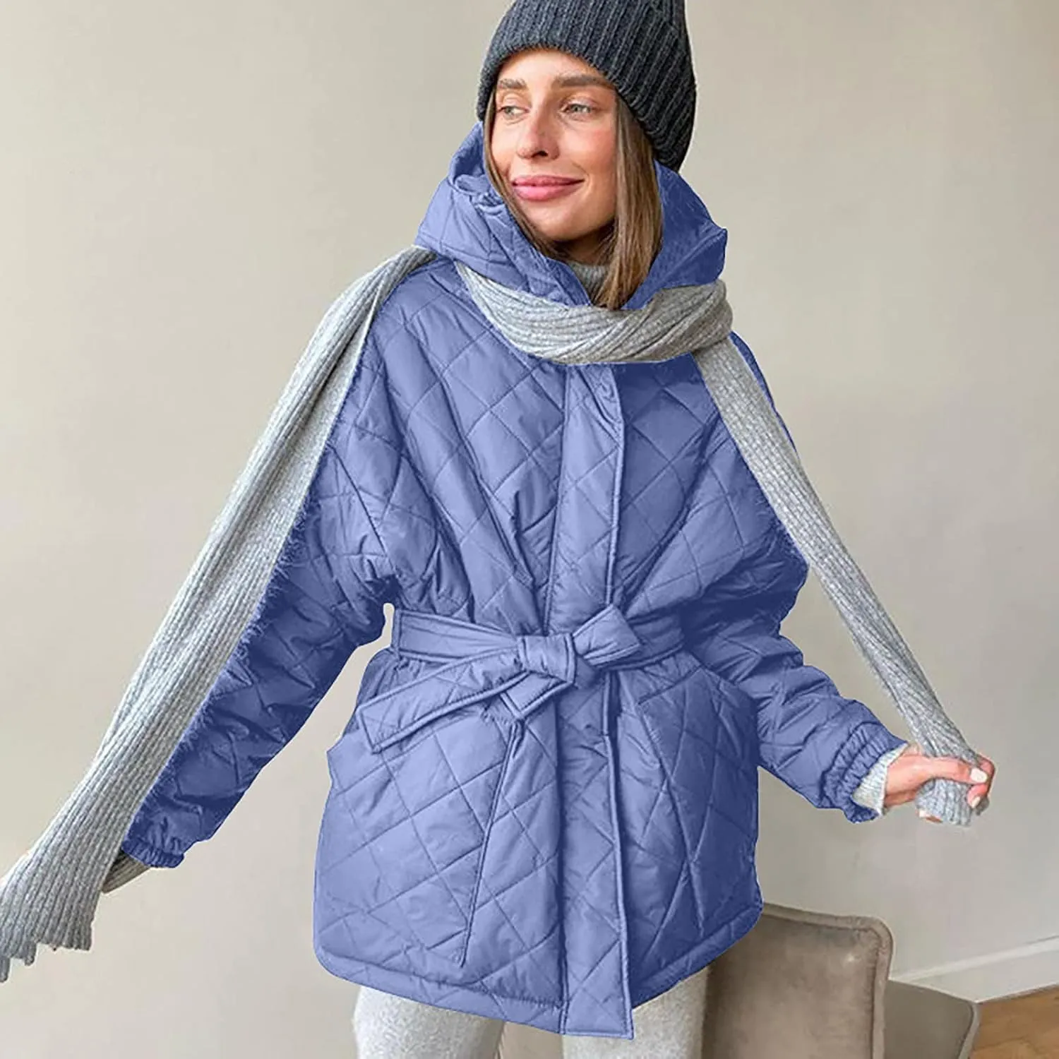 Womens Winter Puffer Jacket Hooded Down Coat Casual Quilted Baggy Long Sleeve Zip Puffy Jackets Outerwear with Belt