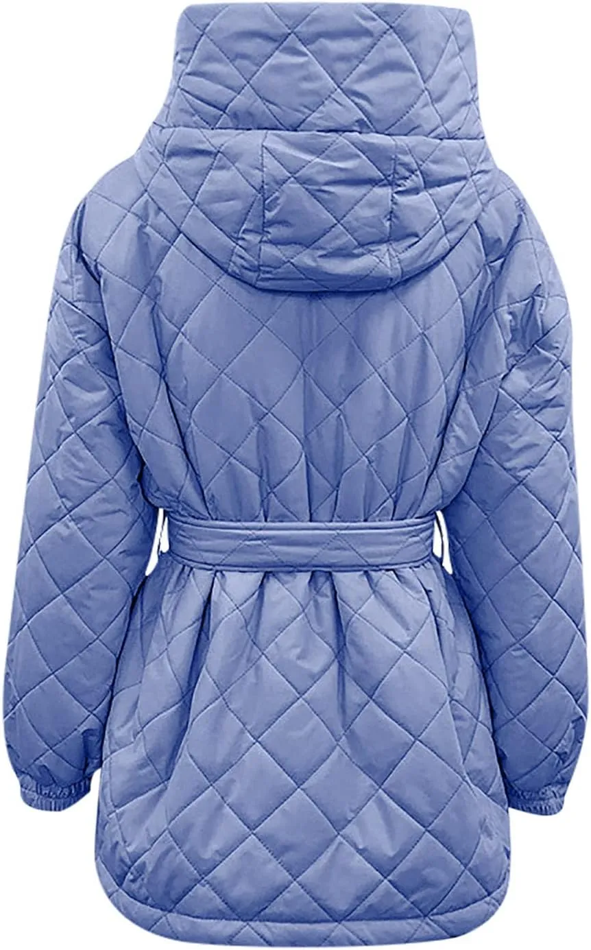 Womens Winter Puffer Jacket Hooded Down Coat Casual Quilted Baggy Long Sleeve Zip Puffy Jackets Outerwear with Belt