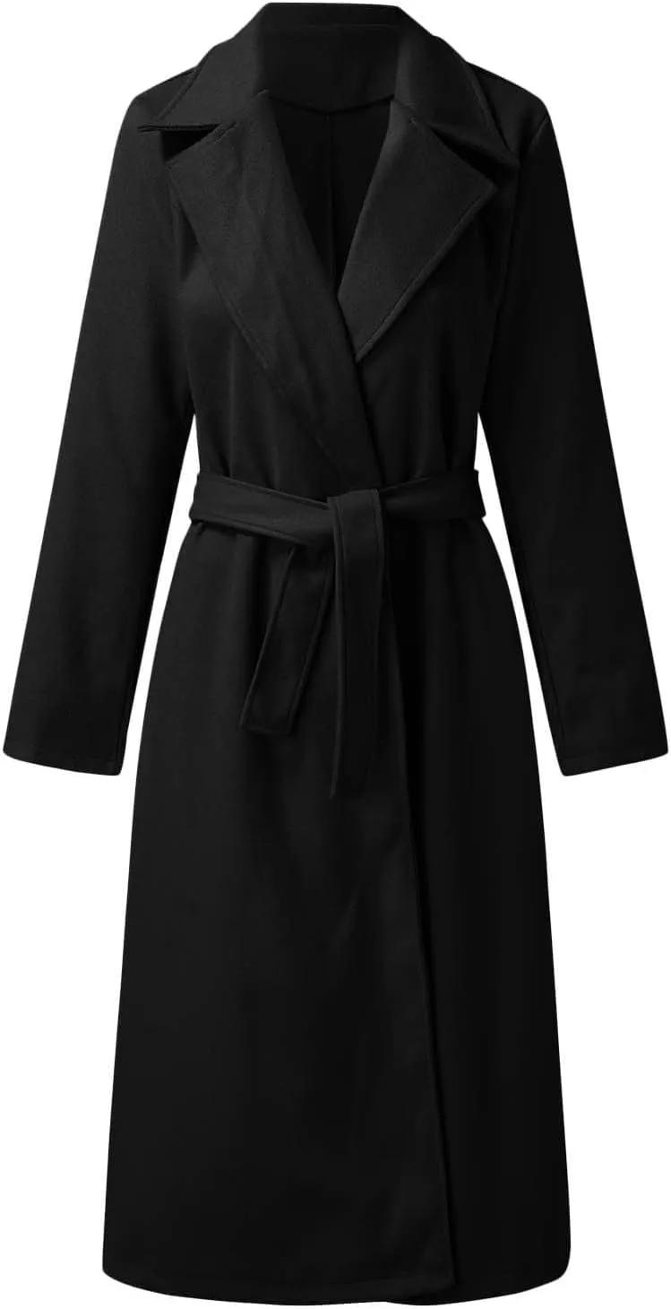 Women's Wool Blend Pea Coats Winter Casual Lapel Trench Coat Open Front Windproof Long Jackets for Women with Belt
