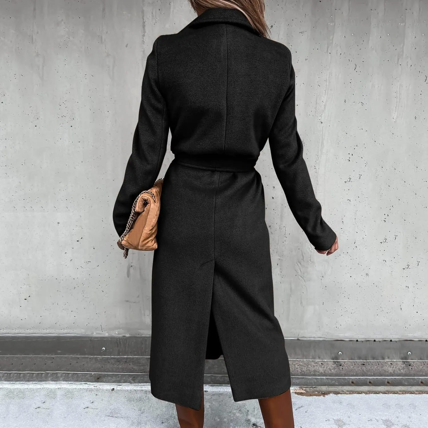Women's Wool Blend Pea Coats Winter Casual Lapel Trench Coat Open Front Windproof Long Jackets for Women with Belt