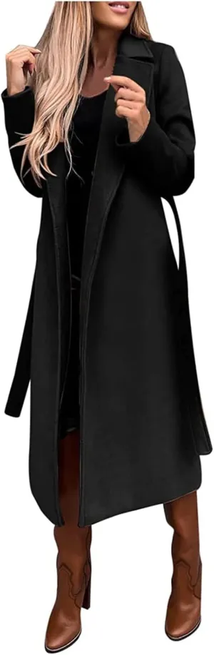 Women's Wool Blend Pea Coats Winter Casual Lapel Trench Coat Open Front Windproof Long Jackets for Women with Belt