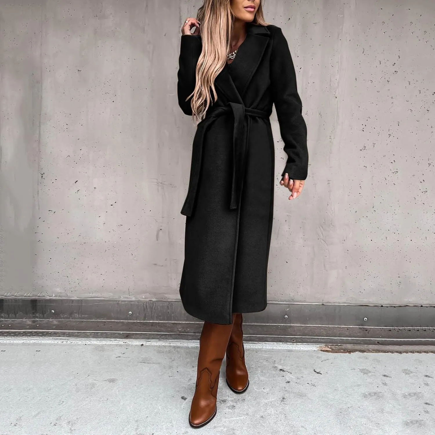 Women's Wool Blend Pea Coats Winter Casual Lapel Trench Coat Open Front Windproof Long Jackets for Women with Belt
