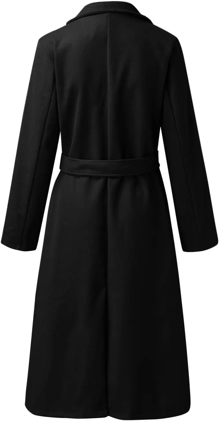 Women's Wool Blend Pea Coats Winter Casual Lapel Trench Coat Open Front Windproof Long Jackets for Women with Belt