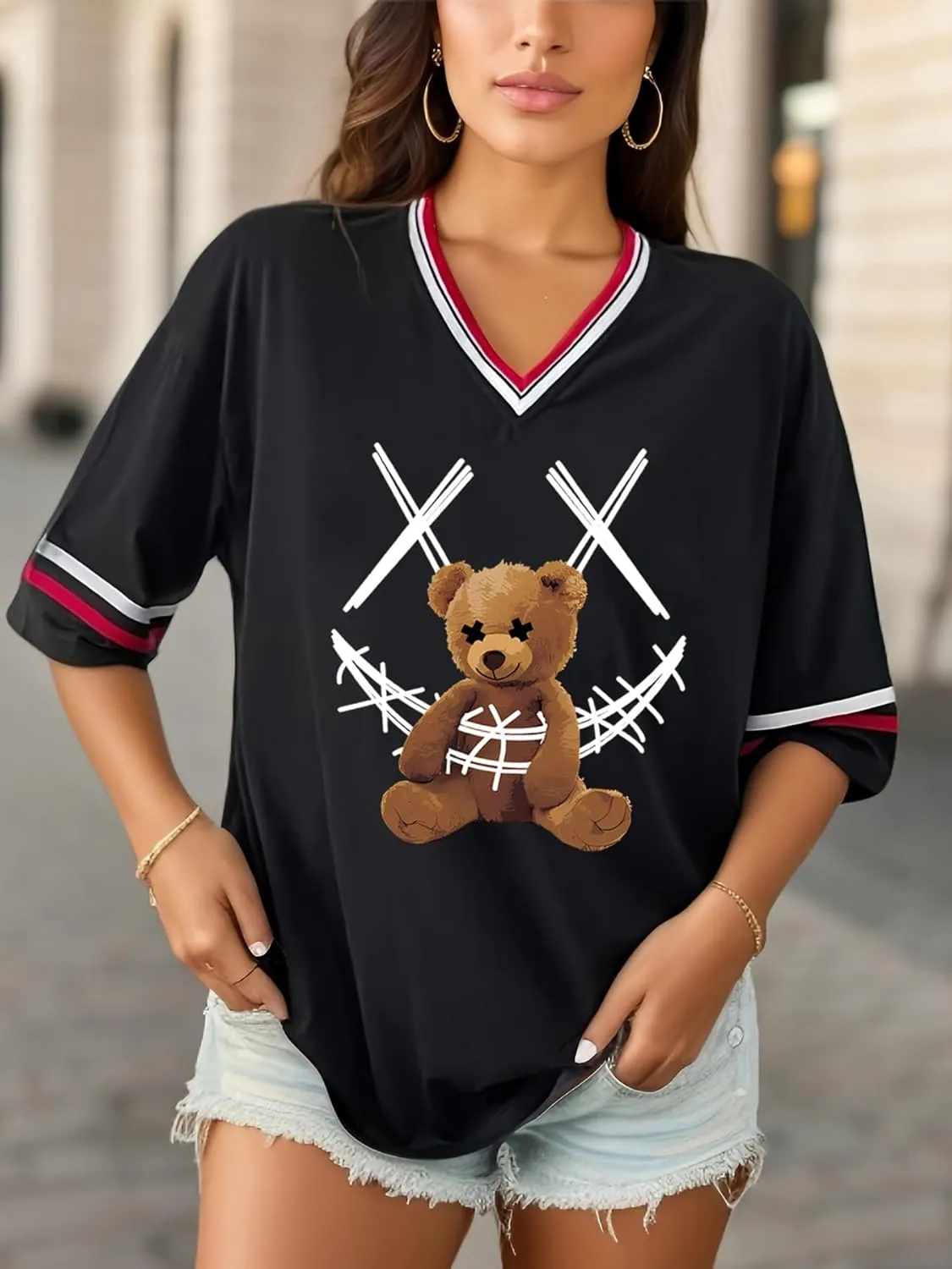 Women's Y2k Harajuku Fashion Korean Graphic T-Shirt Summer Kawaii Bear Goth Casual Tops