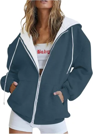 Womens Zip Up Hoodies Long Sleeve Fall Oversized Sweatshirts Jacket with Pockets 2025 Fashion Clothes Sweaters