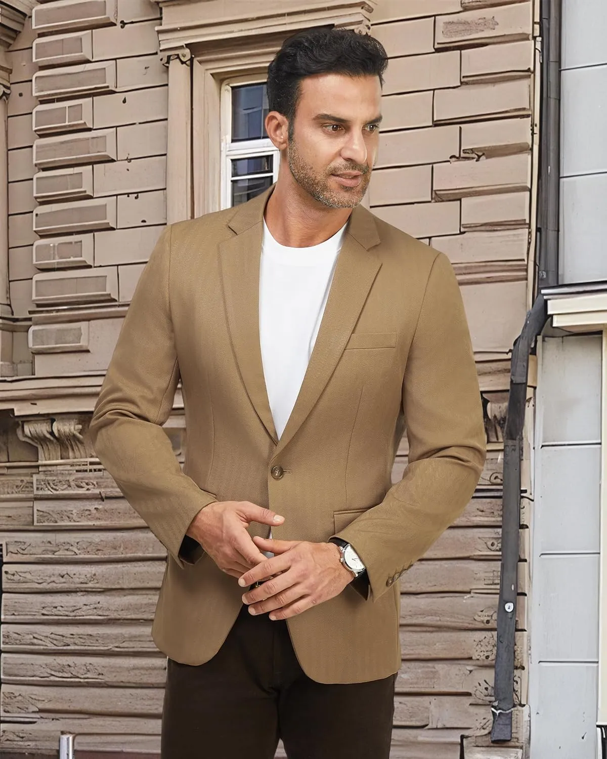 WULFUL Men's Herringbone Blazer Jacket Lightweight Casual Sport Coat One Button Suit Jackets