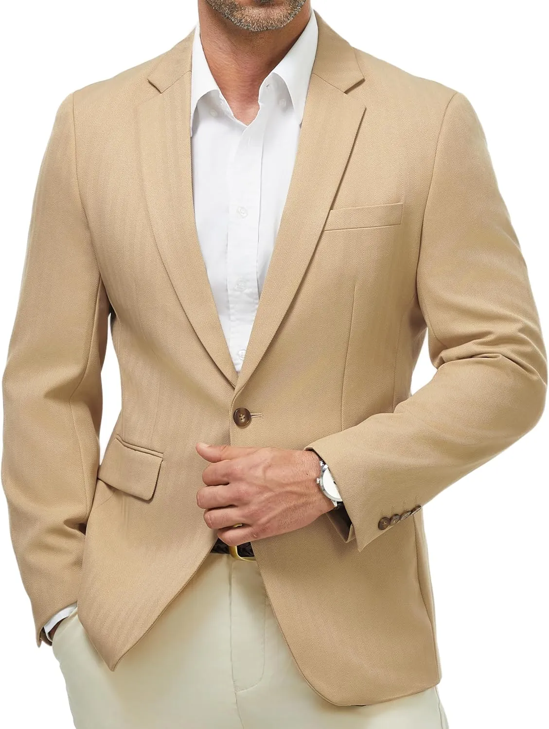 WULFUL Men's Herringbone Blazer Jacket Lightweight Casual Sport Coat One Button Suit Jackets