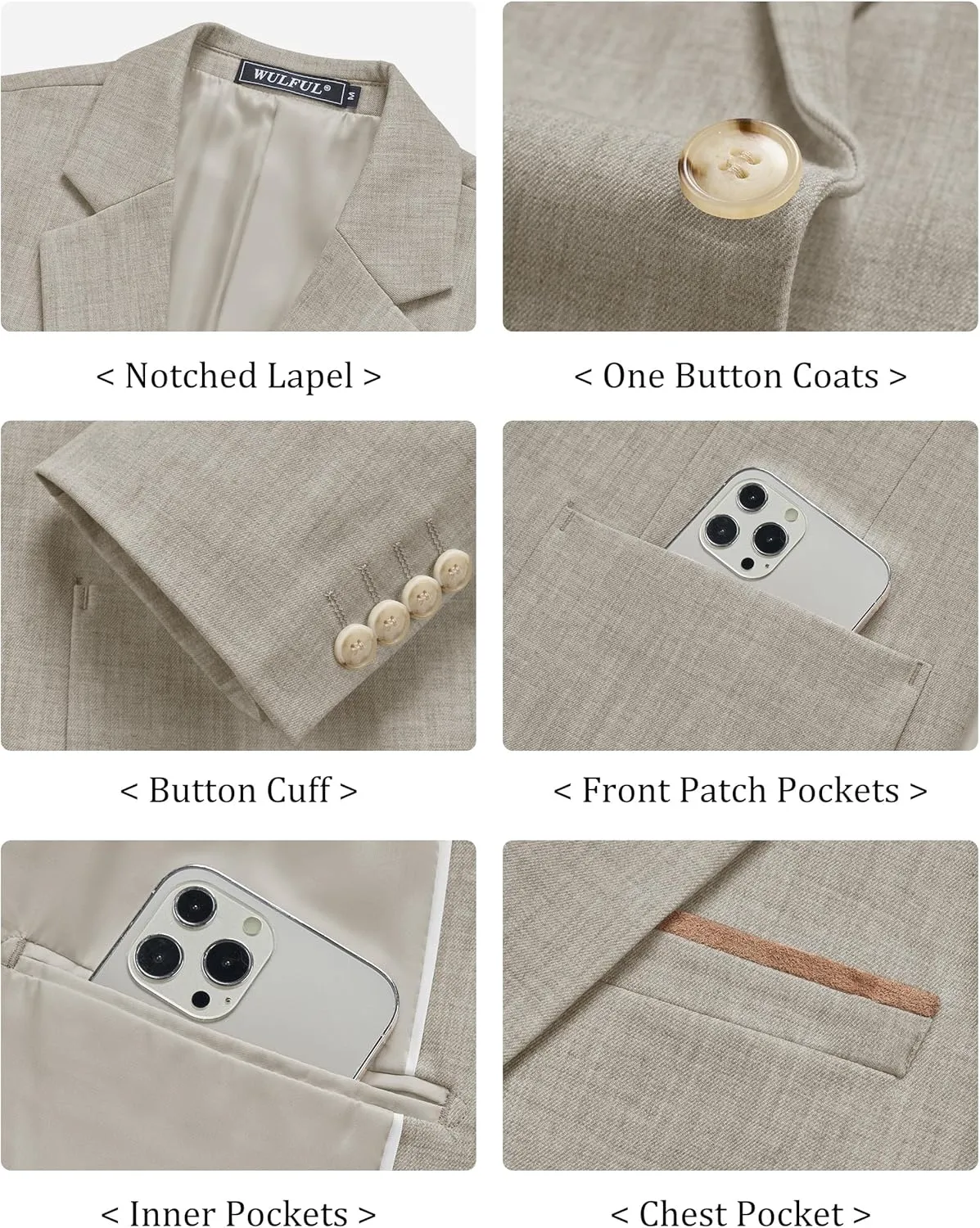 WULFUL Men's Herringbone Blazer Jacket Lightweight Casual Sport Coat One Button Suit Jackets