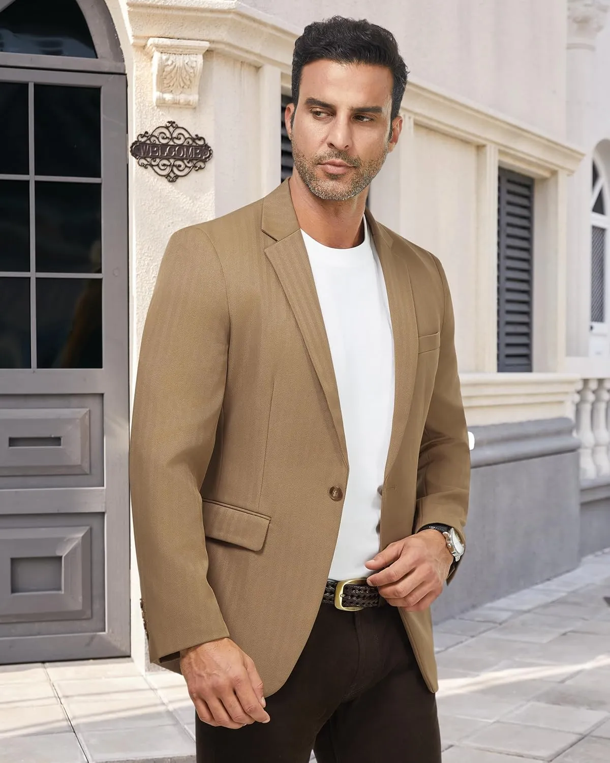 WULFUL Men's Herringbone Blazer Jacket Lightweight Casual Sport Coat One Button Suit Jackets