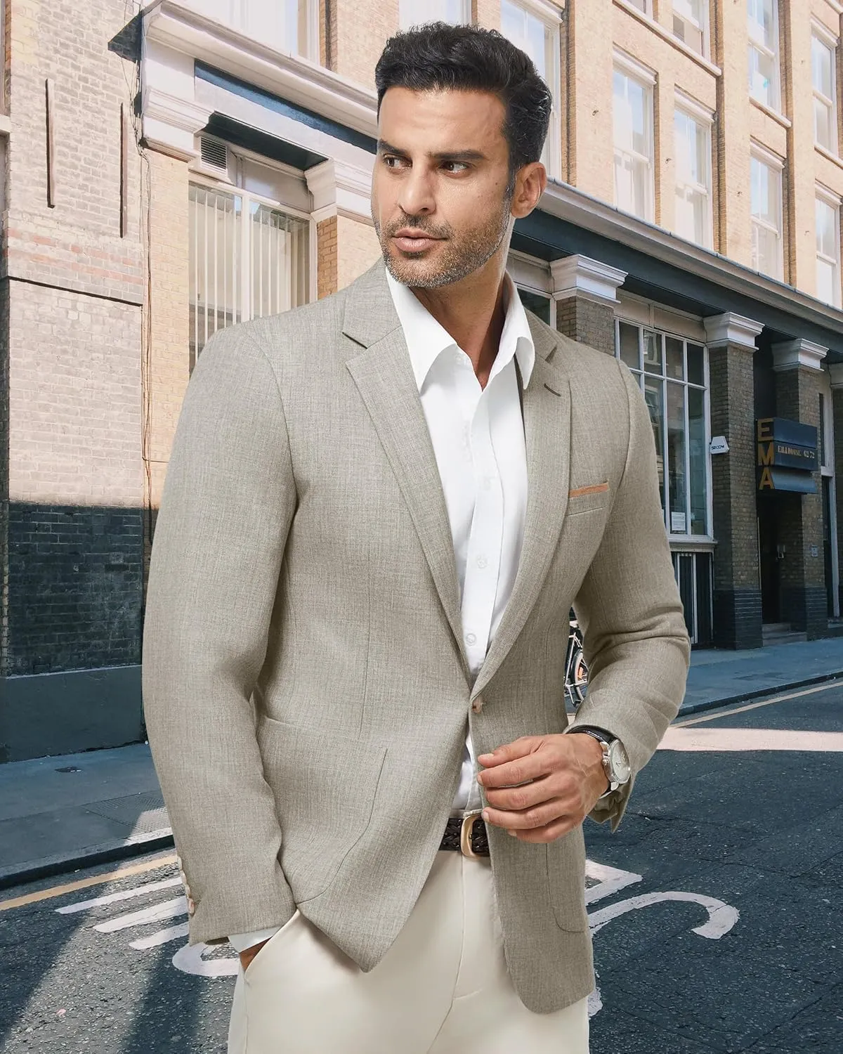WULFUL Men's Herringbone Blazer Jacket Lightweight Casual Sport Coat One Button Suit Jackets