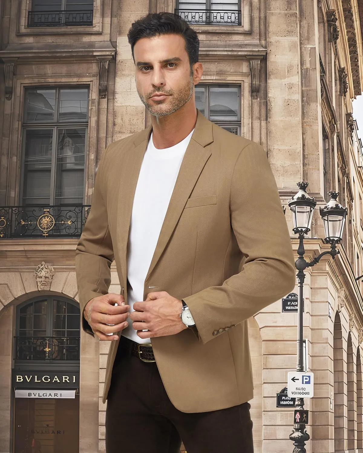 WULFUL Men's Herringbone Blazer Jacket Lightweight Casual Sport Coat One Button Suit Jackets