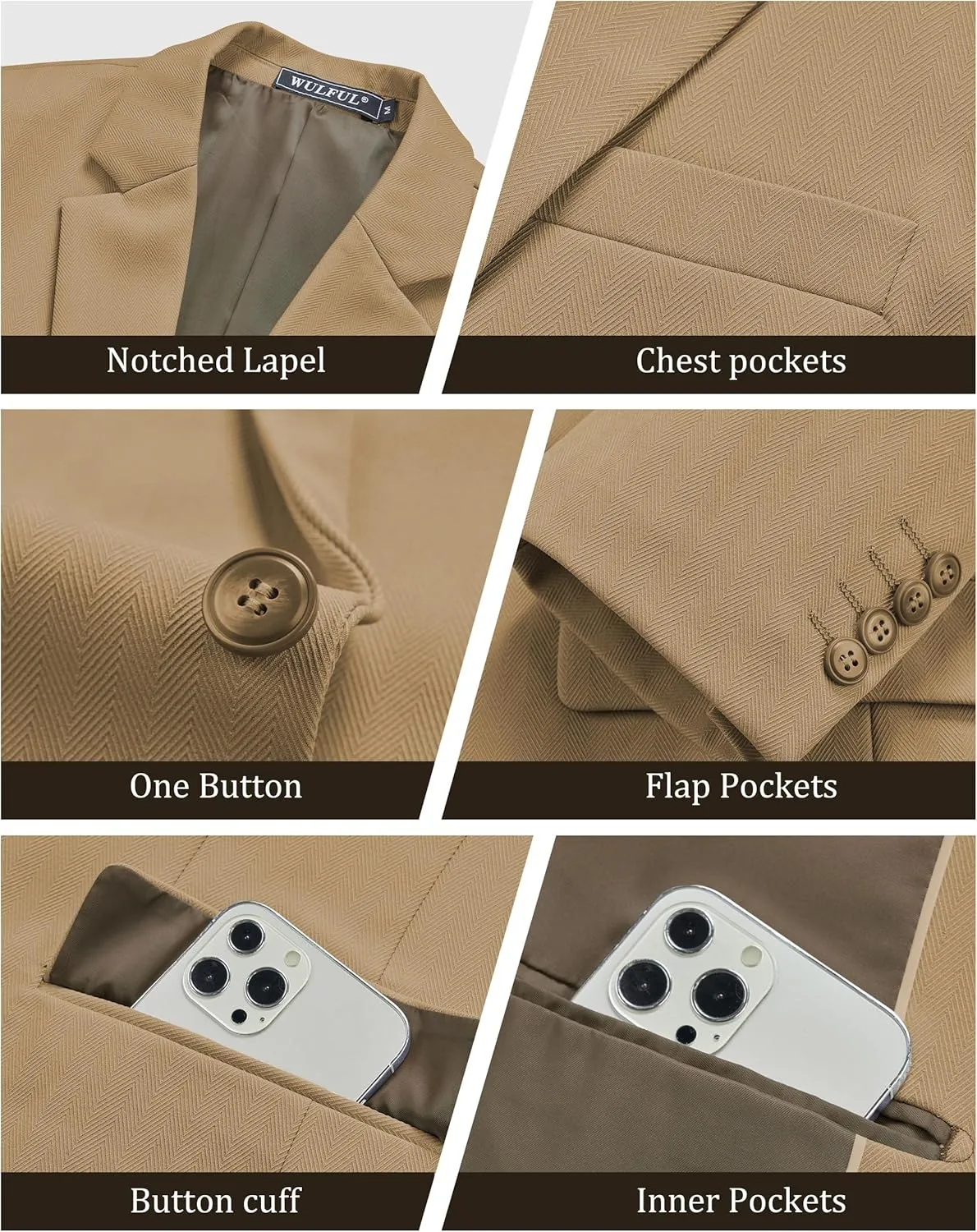 WULFUL Men's Herringbone Blazer Jacket Lightweight Casual Sport Coat One Button Suit Jackets
