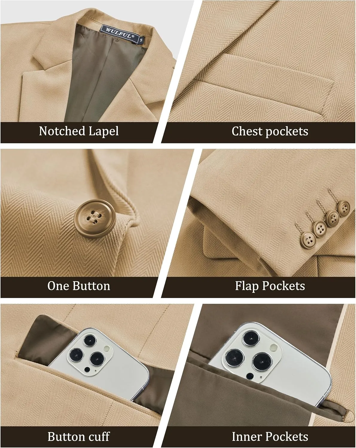 WULFUL Men's Herringbone Blazer Jacket Lightweight Casual Sport Coat One Button Suit Jackets