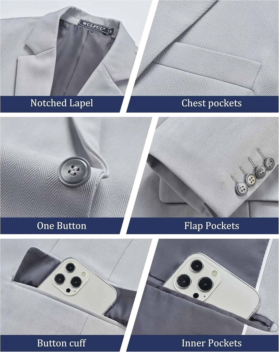WULFUL Men's Herringbone Blazer Jacket Lightweight Casual Sport Coat One Button Suit Jackets