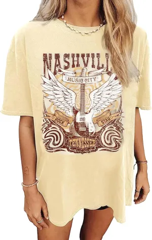 Wyeysyt Women Oversized Flower Graphic Tees Nashville Music Short Sleeve Tshirts Summer Vintage Casual Tops
