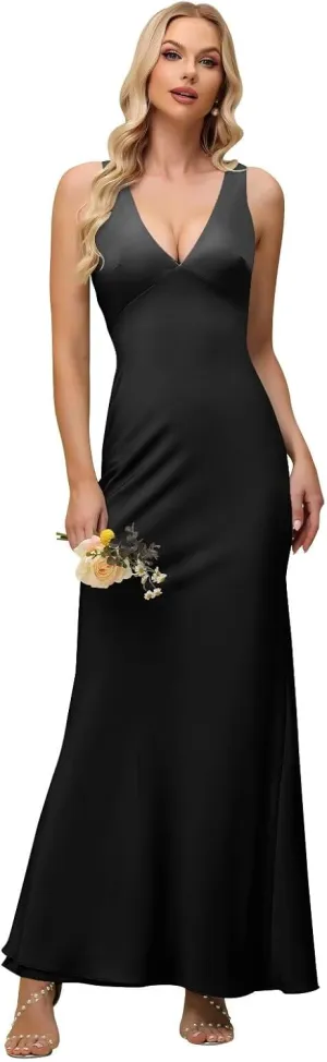 Xijun Women's V Neck Bridesmaid Dresses Long Simple Backless Bodycon Formal Evening Party Gowns