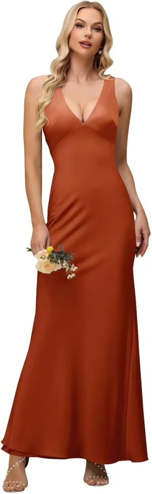 Xijun Women's V Neck Bridesmaid Dresses Long Simple Backless Bodycon Formal Evening Party Gowns