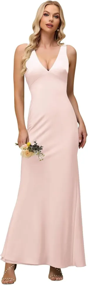 Xijun Women's V Neck Bridesmaid Dresses Long Simple Backless Bodycon Formal Evening Party Gowns