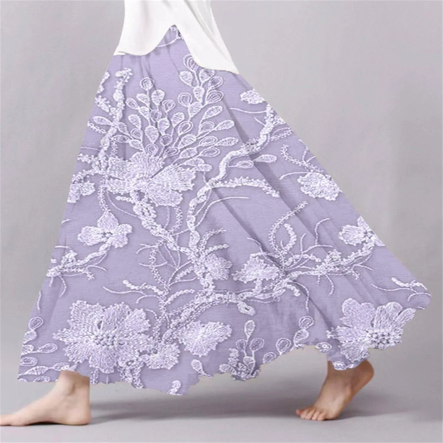 XOWRTE Women's Boho Casual Skirts Summer 2025 Lace Embroidery Elastic Waist Flowy Tiered A-Line Beach Maxi Skirt Swing Cute
