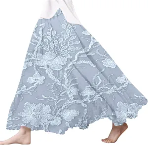 XOWRTE Women's Boho Casual Skirts Summer 2025 Lace Embroidery Elastic Waist Flowy Tiered A-Line Beach Maxi Skirt Swing Cute