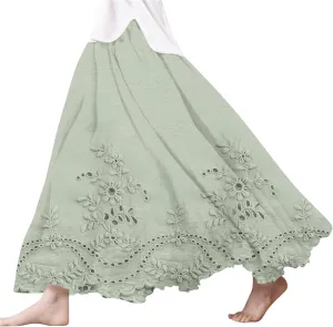 XOWRTE Women's Boho Casual Skirts Summer 2025 Lace Embroidery Elastic Waist Flowy Tiered A-Line Beach Maxi Skirt Swing Cute