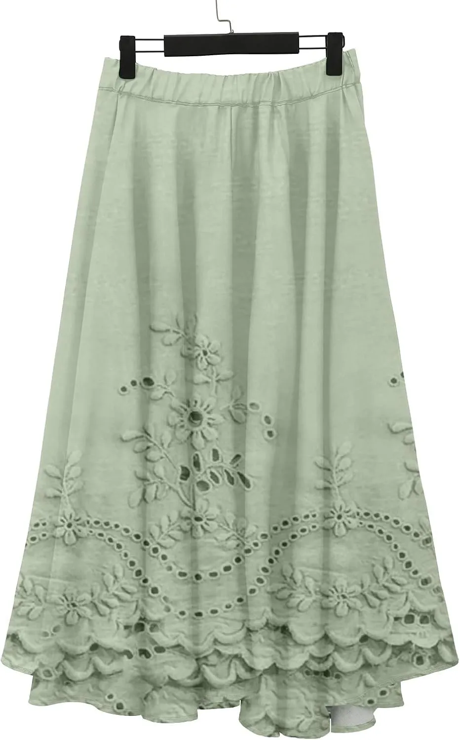 XOWRTE Women's Boho Casual Skirts Summer 2025 Lace Embroidery Elastic Waist Flowy Tiered A-Line Beach Maxi Skirt Swing Cute