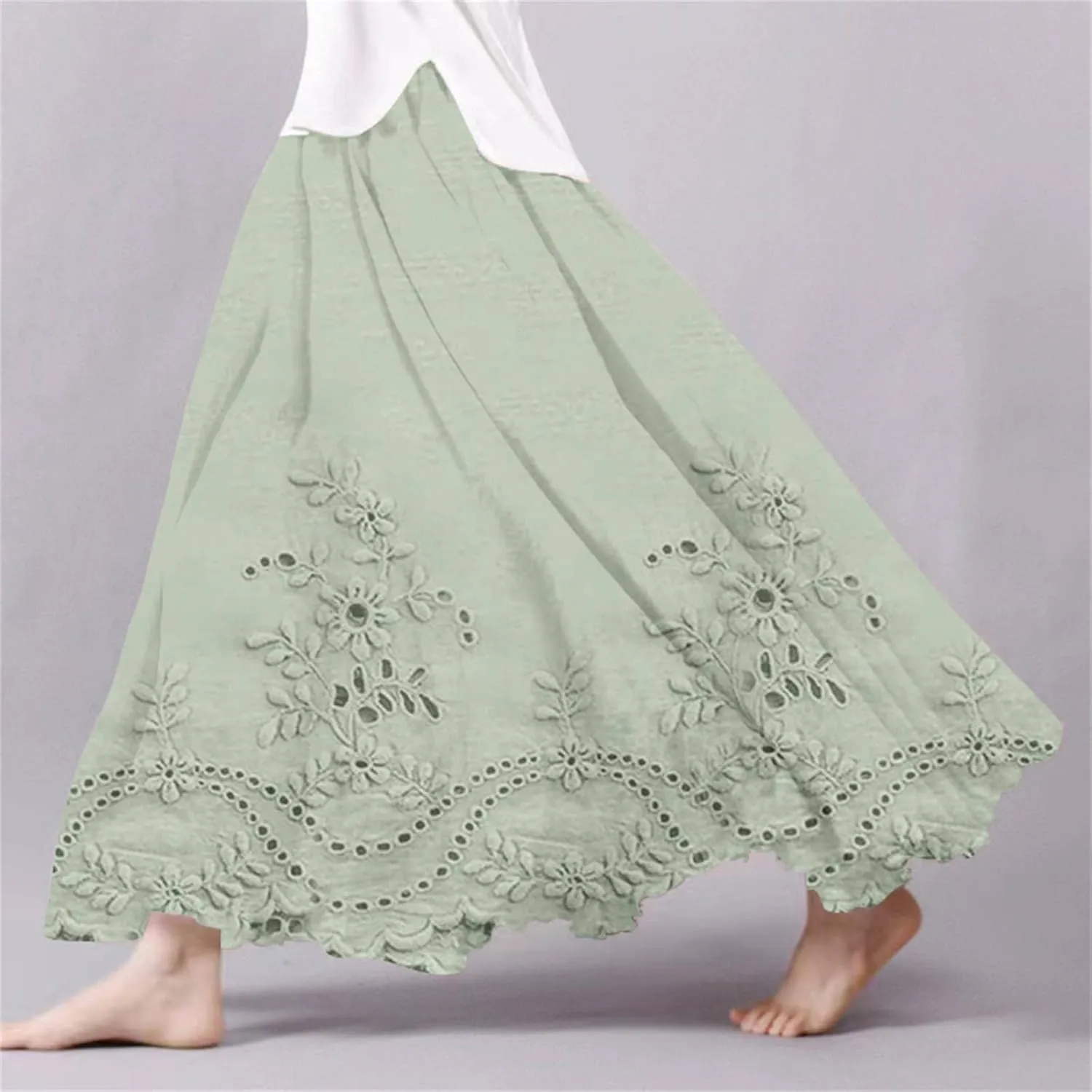 XOWRTE Women's Boho Casual Skirts Summer 2025 Lace Embroidery Elastic Waist Flowy Tiered A-Line Beach Maxi Skirt Swing Cute