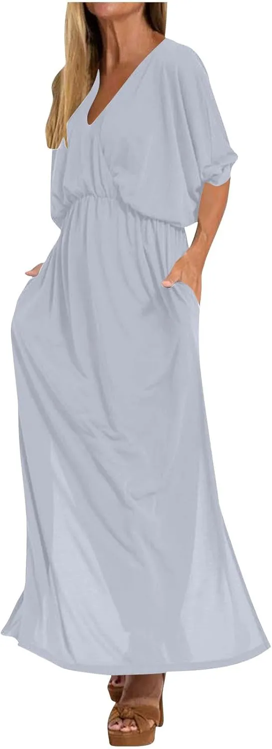 XUNRYAN Women's Summer Boho Maxi Dress Casual V Neck 3/4 Sleeve Wedding Guest Dresses Flowy Side Slit Travel Beach Sundress
