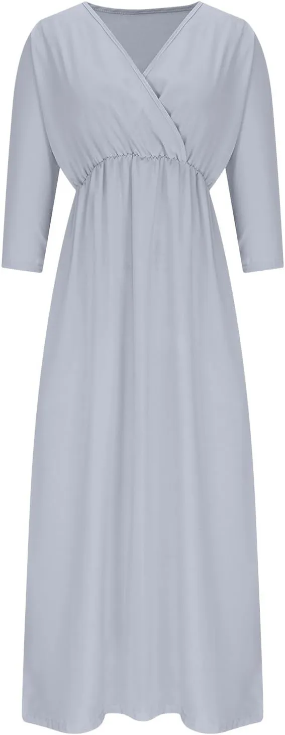 XUNRYAN Women's Summer Boho Maxi Dress Casual V Neck 3/4 Sleeve Wedding Guest Dresses Flowy Side Slit Travel Beach Sundress