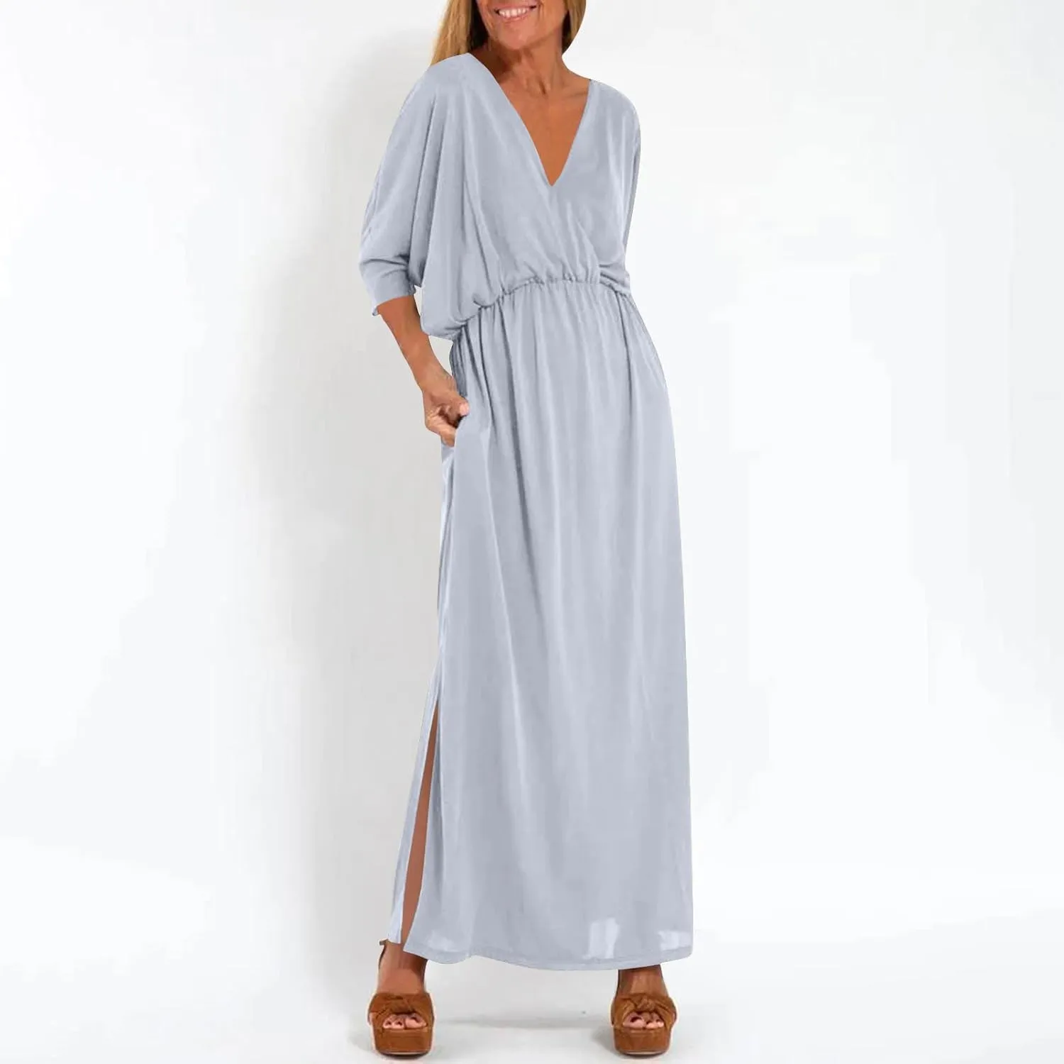 XUNRYAN Women's Summer Boho Maxi Dress Casual V Neck 3/4 Sleeve Wedding Guest Dresses Flowy Side Slit Travel Beach Sundress