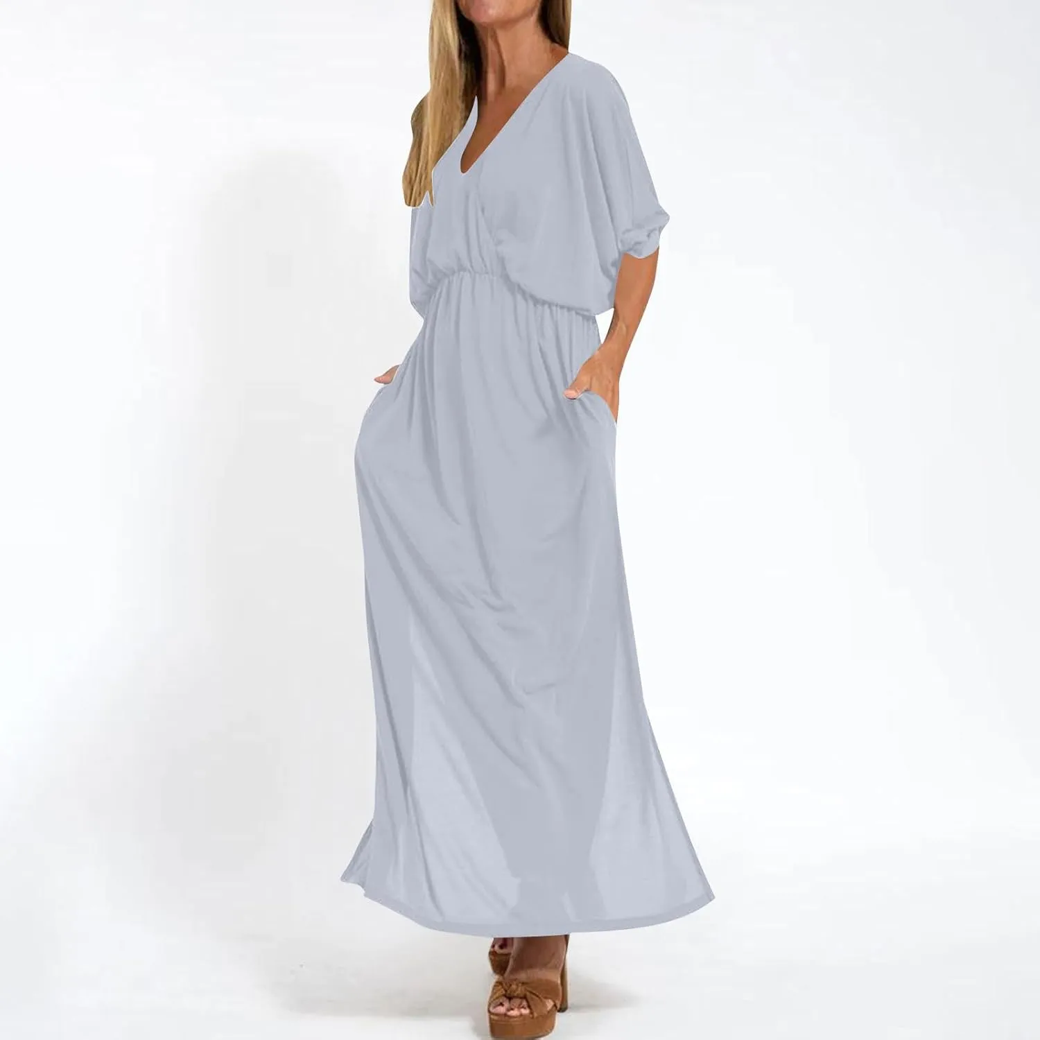 XUNRYAN Women's Summer Boho Maxi Dress Casual V Neck 3/4 Sleeve Wedding Guest Dresses Flowy Side Slit Travel Beach Sundress