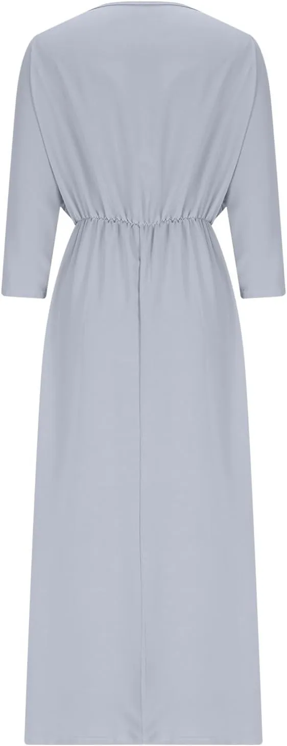 XUNRYAN Women's Summer Boho Maxi Dress Casual V Neck 3/4 Sleeve Wedding Guest Dresses Flowy Side Slit Travel Beach Sundress