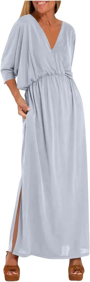 XUNRYAN Women's Summer Boho Maxi Dress Casual V Neck 3/4 Sleeve Wedding Guest Dresses Flowy Side Slit Travel Beach Sundress