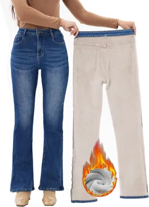 Yehopere Women's Fleece Lined Straight Flare Leg Winter Thermal Flannel Lined Jean Denim Trouser Pant