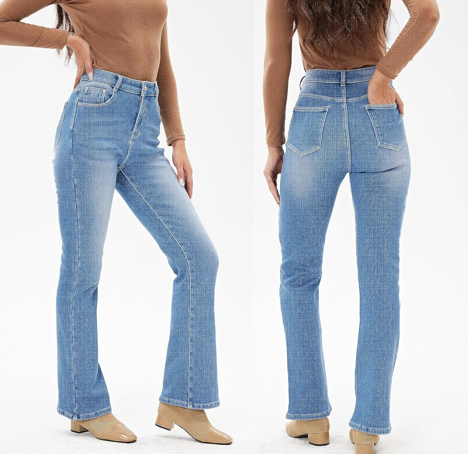 Yehopere Women's Fleece Lined Straight Flare Leg Winter Thermal Flannel Lined Jean Denim Trouser Pant