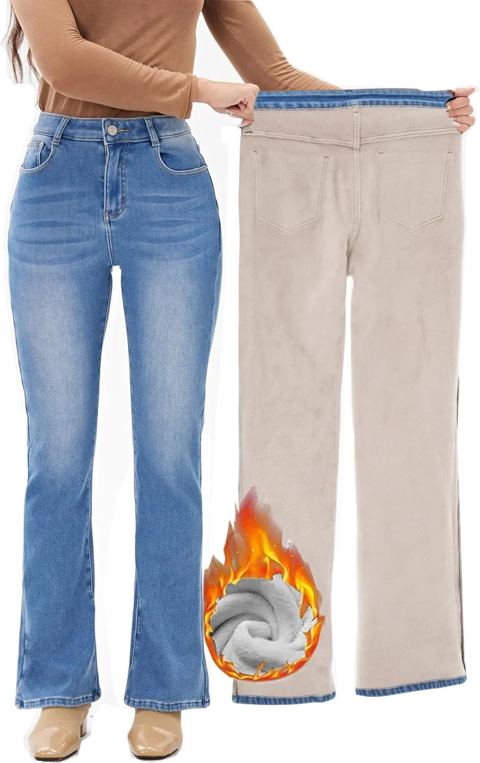 Yehopere Women's Fleece Lined Straight Flare Leg Winter Thermal Flannel Lined Jean Denim Trouser Pant