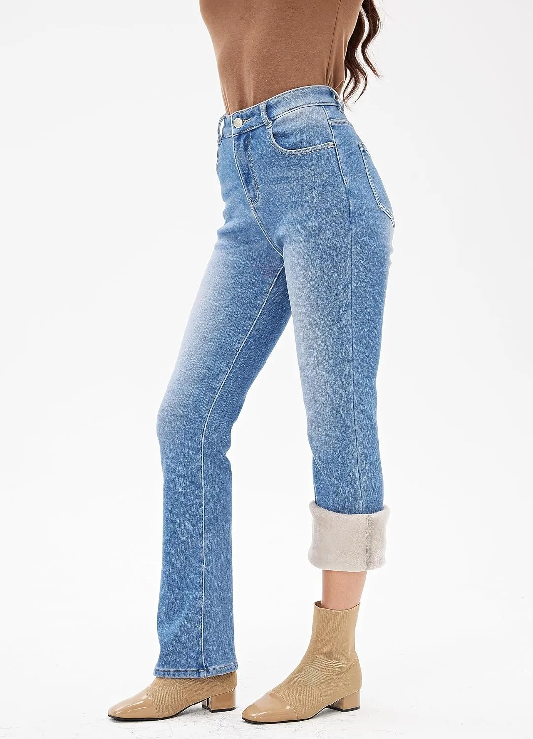 Yehopere Women's Fleece Lined Straight Flare Leg Winter Thermal Flannel Lined Jean Denim Trouser Pant
