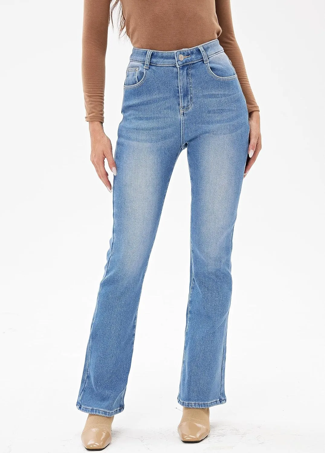 Yehopere Women's Fleece Lined Straight Flare Leg Winter Thermal Flannel Lined Jean Denim Trouser Pant