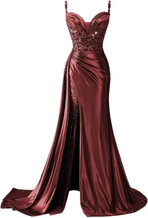 YOFF V Neck Satin Prom Dresses Long Sequin Mermaid Lace Evening Gown with Slit Formal Dress with Tail YO199