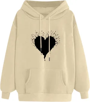 ZDRZK Hoodies For Women Cute Heart Print Drawstring Casual Hooded Sweatshirts Oversized Basic Fall Clothes With Pocket