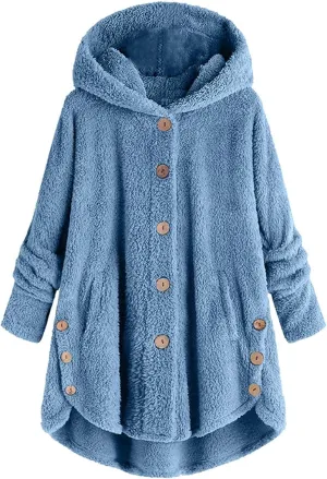 ZDRZK Women Jacket With Plus Size Fall Winter Soft Hoodie Outwear Button Down Long Sleeve Fuzzy Fleece Casual Coats