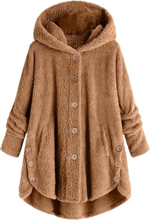 ZDRZK Women Jacket With Plus Size Fall Winter Soft Hoodie Outwear Button Down Long Sleeve Fuzzy Fleece Casual Coats