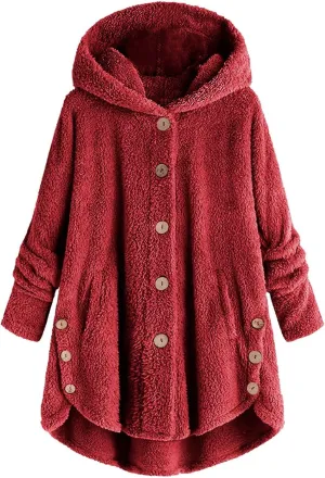 ZDRZK Women Jacket With Plus Size Fall Winter Soft Hoodie Outwear Button Down Long Sleeve Fuzzy Fleece Casual Coats