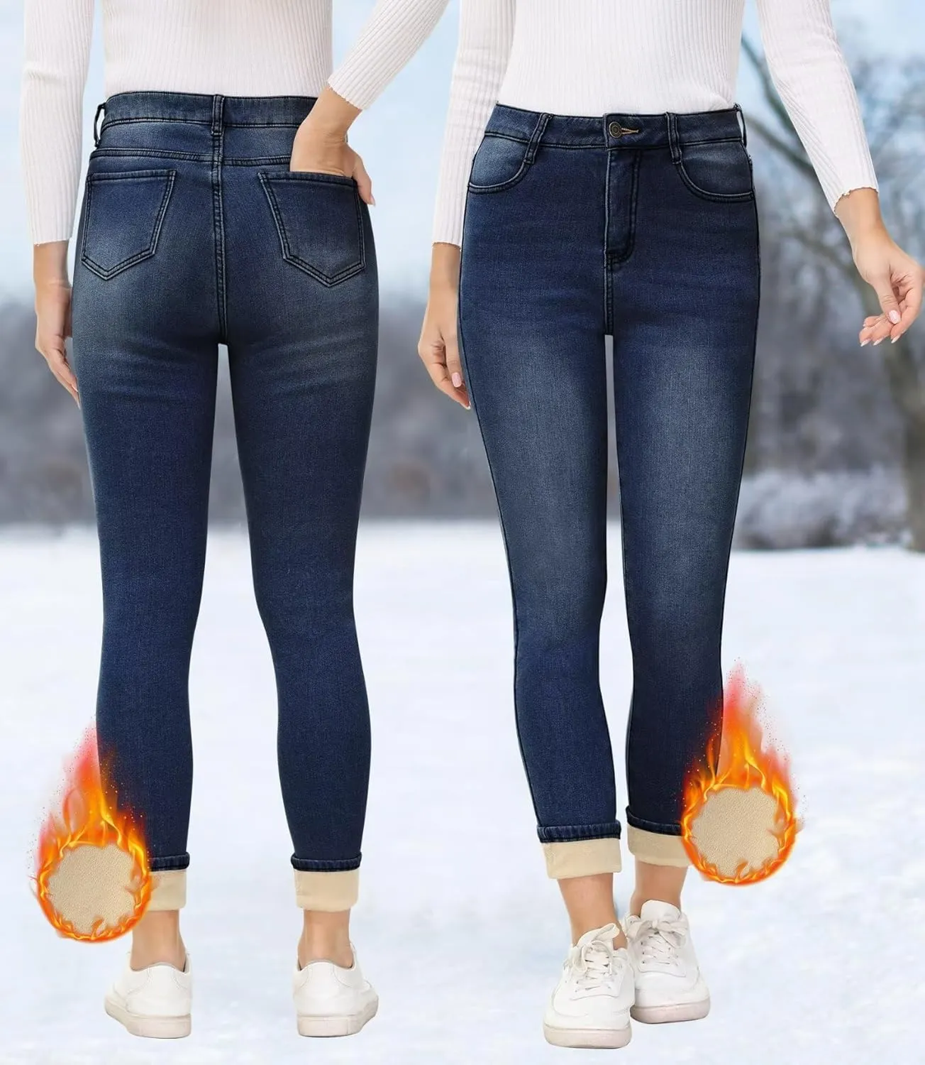 ZQIWIN Women's Fleece Lined Jeans Warm Fleece Lined Pants Women 2023 Winter Flannel Skinny Leggings Jeans