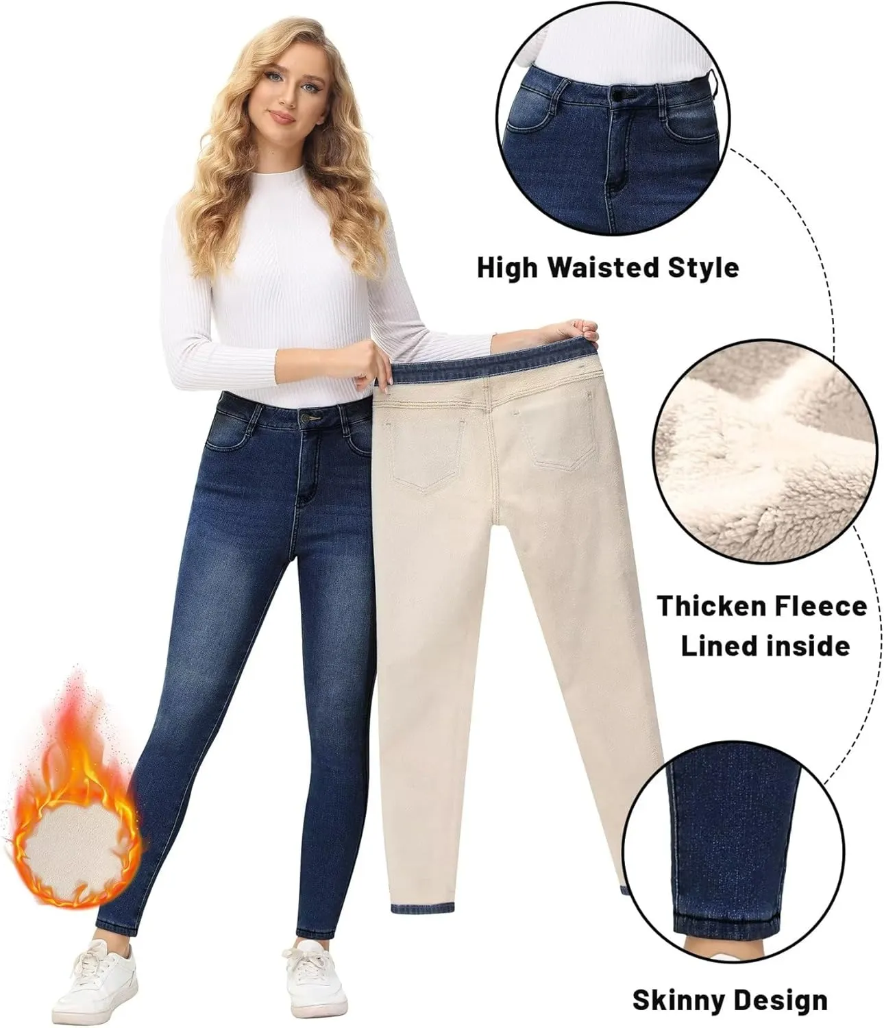 ZQIWIN Women's Fleece Lined Jeans Warm Fleece Lined Pants Women 2023 Winter Flannel Skinny Leggings Jeans